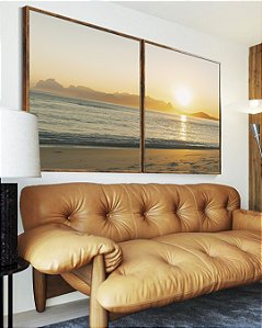 Duo de Quadros Nascer do Sol Mar Azul Prateado Praia Canvas Moldura