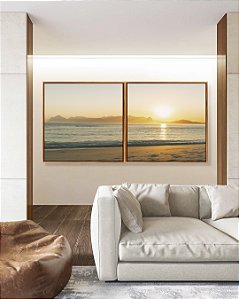 Duo de Quadros Quadrados Nascer do Sol Mar Azul Prateado Praia Canvas Moldura