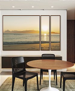 Trio de Quadros Estilizados Nascer do Sol Mar Azul Prateado Praia Canvas Moldura