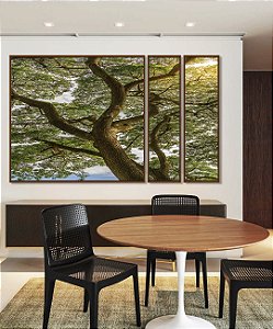 Trio de Quadros Estilizados Paisagem Árvore Folhas Verdes Natureza Canvas Moldura