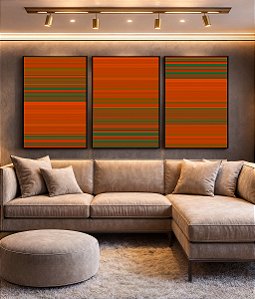 Trio de Quadros Abstrato Degradê Laranja Coral Verde Canvas Moldura
