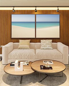 Duo de Quadros Quadrados Mar Azul Ceu Claro Praia Clara Canvas Moldura