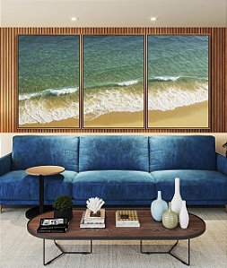 Trio de Quadros Mar Calmo Turquesa Praia Natureza Canvas Moldura