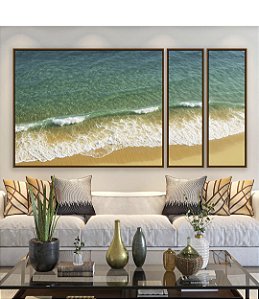 Trio de Quadros Estilizados Mar Calmo Turquesa Praia Natureza Canvas Moldura