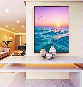 Quadro Vertical Mar Azul Ondulado Céu Rosa Natureza Canvas Moldura