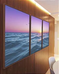 Trio de Quadros Mar Azul Ondulado Céu Rosa Natureza Canvas Moldura