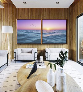 Duo de Quadros Quadrados Mar Azul Ondulado Céu Rosa Natureza Canvas Moldura