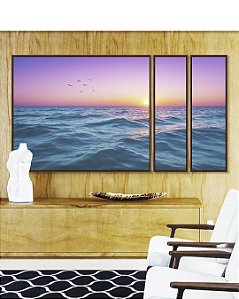 Trio de Quadros Estilizados Mar Azul Ondulado Céu Rosa Natureza Canvas Moldura