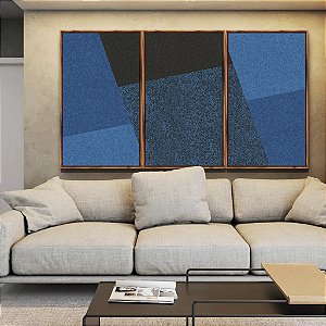 Trio de Quadros Abstrato Geométrico Minimalista Azul Canvas Moldura