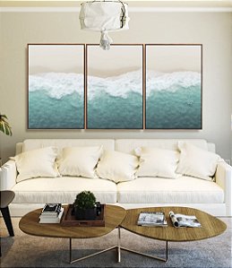Trio de Quadros Mar Turquesa Calmo Praia Clara Litoral Canvas Moldura