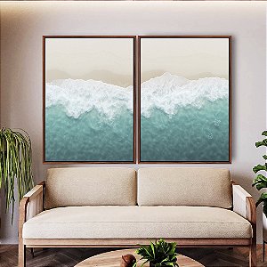 Duo de Quadros Mar Turquesa Calmo Praia Clara Litoral Canvas Moldura