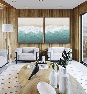 Duo de Quadros Quadrados Mar Turquesa Calmo Praia Clara Litoral Canvas Moldura