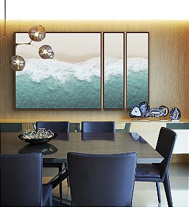 Trio de Quadros Estilizados Mar Turquesa Calmo Praia Clara Litoral Canvas Moldura