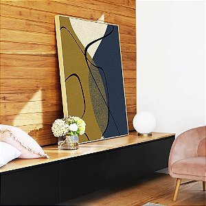 Quadro Vertical Abstrato Minimalista Azul Amarelo Ouro Canvas Moldura