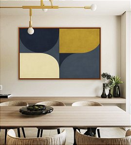 Quadro Horizontal Abstrato Minimalista Azul Amarelo Ouro Marfim Canvas Moldura