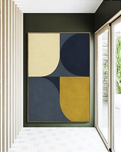 Quadro Vertical Abstrato Minimalista Azul Amarelo Ouro Marfim Canvas Moldura