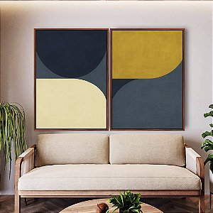 Duo de Quadros Abstrato Minimalista Azul Amarelo Ouro Marfim Canvas Moldura