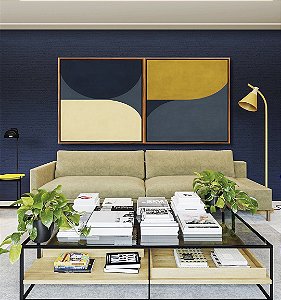 Duo de Quadros Quadrados Abstrato Minimalista Azul Amarelo Ouro Marfim Canvas Moldura