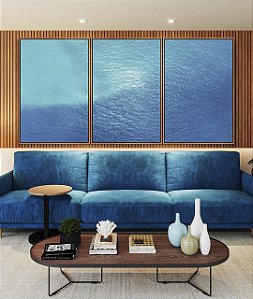 Trio de Quadros Mar Alto Azul Textura Natural Canvas Moldura