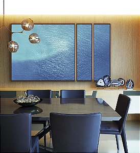 Trio de Quadros Estilizados Mar Alto Azul Textura Natural Canvas Moldura