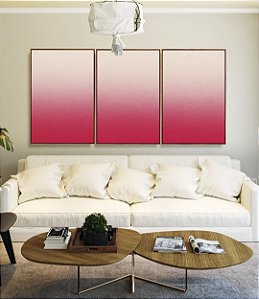 Trio de Quadros Abstrato Degradê Marfim Rosa Textura Canvas Moldura