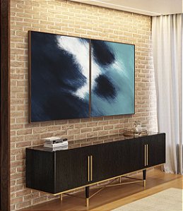 Duo de Quadros Abstrato Azul Turquesa Branco Canvas Moldura