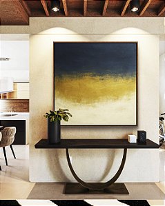 Quadro Quadrado Abstrato Azul Dourado Marfim Canvas Moldura