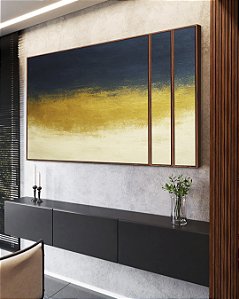 Trio de Quadros Estilizados Abstrato Azul Dourado Marfim Canvas Moldura