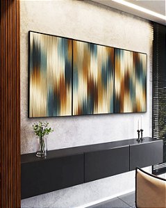 Trio de Quadros Abstrato Listras Degradê Azul Bronze Canvas Moldura