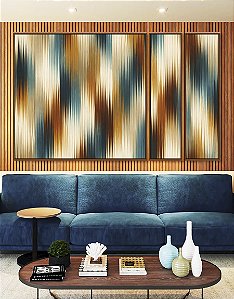 Trio de Quadros Estilizados Abstrato Listras Degradê Azul Bronze Canvas Moldura