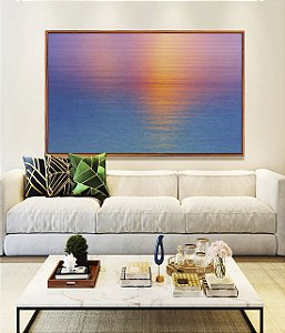 Quadro Horizontal Mar Azul Reflexo Por do Sol Rosa Céu Canvas Moldura
