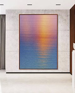 Quadro Vertical Mar Azul Reflexo Por do Sol Rosa Céu Canvas Moldura