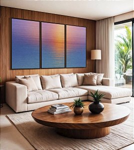 Trio de Quadros Mar Azul Reflexo Por do Sol Rosa Céu Canvas Moldura