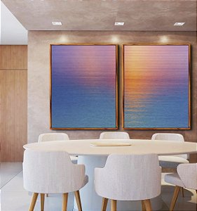 Duo de Quadros Mar Azul Reflexo Por do Sol Rosa Céu Canvas Moldura