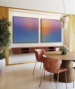 Duo de Quadros Quadrados Mar Azul Reflexo Por do Sol Rosa Céu Canvas Moldura