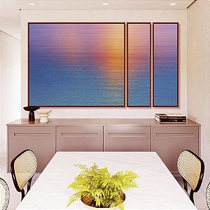 Trio de Quadros Estilizados Mar Azul Reflexo Por do Sol Rosa Céu Canvas Moldura