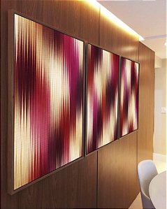 Trio de Quadros Abstrato Listras Degradê Rosa Bordô Vermelho Canvas Moldura