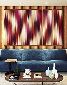 Trio de Quadros Estilizados Abstrato Listras Degradê Rosa Bordô Vermelho Canvas Moldura