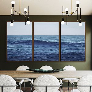 Trio de Quadros Mar Alto Ondulado Céu Azul Natureza Canvas Moldura