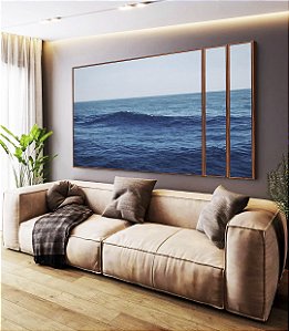 Trio de Quadros Estilizados Mar Alto Ondulado Céu Azul Natureza Canvas Moldura