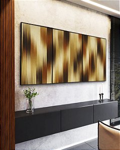Trio de Quadros Abstrato Listras Degradê Bronze Cobre Bege Canvas Moldura