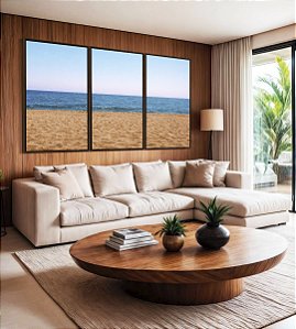 Trio de Quadros Praia Areia Mar Azul Céu Claro Canvas Moldura