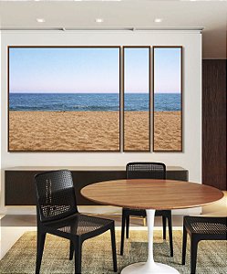 Trio de Quadros Estilizados Praia Areia Mar Azul Céu Claro Canvas Moldura