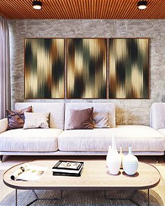 Trio de Quadros Abstrato Listras Degradê Verde Cobre Marfim Canvas Moldura
