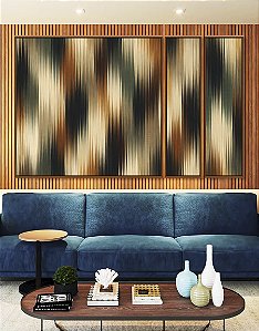 Trio de Quadros Estilizados Abstrato Listras Degradê Verde Cobre Marfim Canvas Moldura