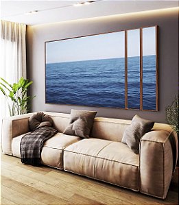 Trio de Quadros Estilizados Mar Alto Calmo Céu Azul Claro Natureza Canvas Moldura