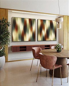 Duo de Quadros Quadrados Abstrato Listras Laranja Verde Bege Canvas Moldura