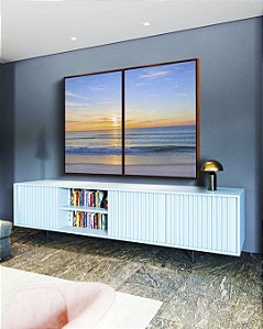 Duo de Quadros Nascer do Sol Praia Mar Azul Natureza Canvas Moldura