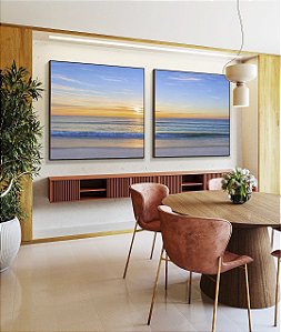 Duo de Quadros Quadrados Nascer do Sol Praia Mar Azul Natureza Canvas Moldura