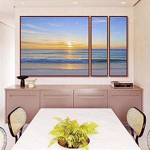 Trio de Quadros Estilizados Nascer do Sol Praia Mar Azul Natureza Canvas Moldura